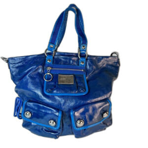VTG 90s Coach 13869 Poppy Spotlight Electric Blue Crinkle Patent Leather Tote